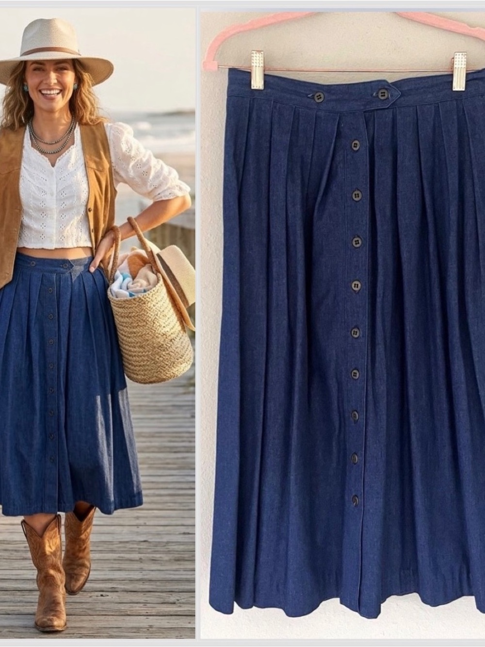 Womens Vintage Denim Midi Skirt 12 Button Up Pleat Coastal Cowgirl Western Boho
